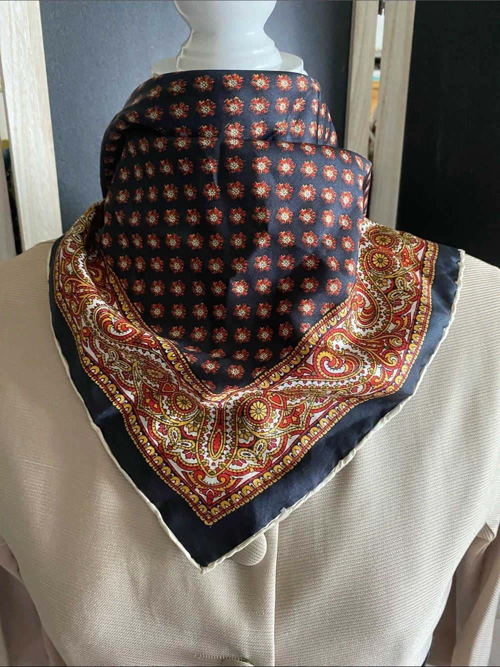 Dumont Vintage Men's Black Silk Paisley-Neck Scarf with Red & Gold Accents
